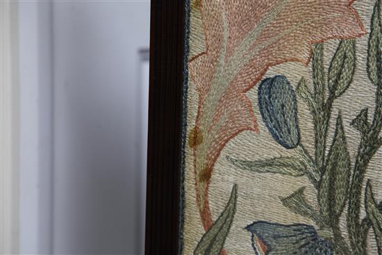 An Arts & Crafts mahogany and embroidered fire screen, by Morris & Co, late 19th century, H.3ft 8in., one finial detached
